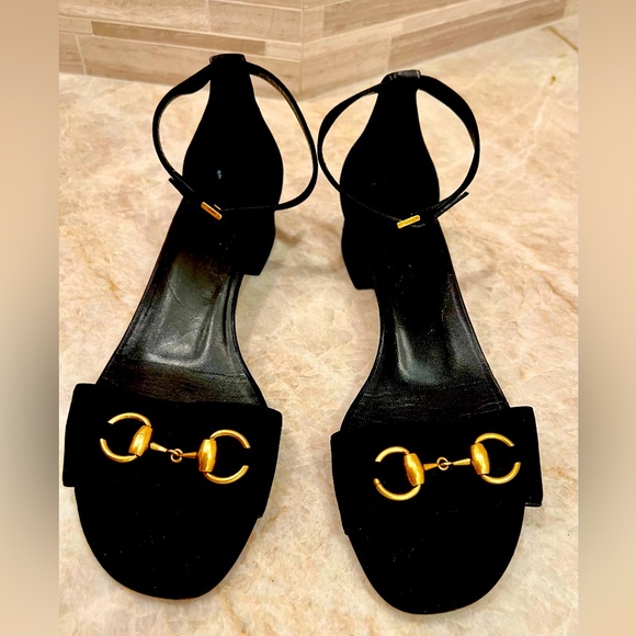 Gucci Shoes Flats Sandals Size 39.5 (US 9.5) Black Suede Leather with Gold Logo - Picture 1 of 15